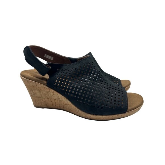 Rockport Briah Perforated Black Wedge Sandal Size 9M Comfortable Cork Heel - Picture 2 of 10